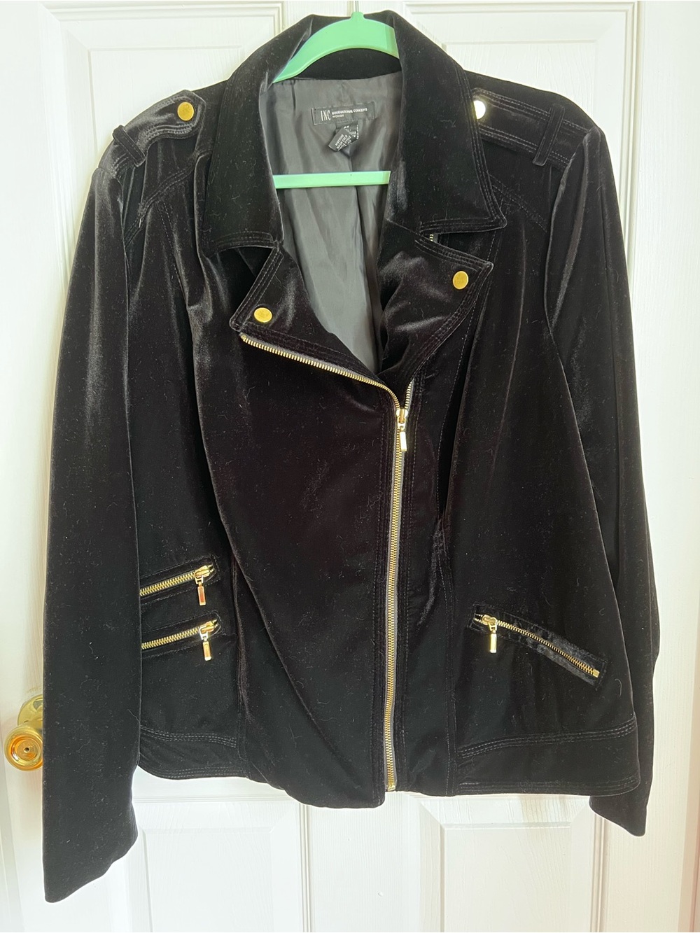 INC Black Velvet Moto Jacket with Gold Hardware EUC